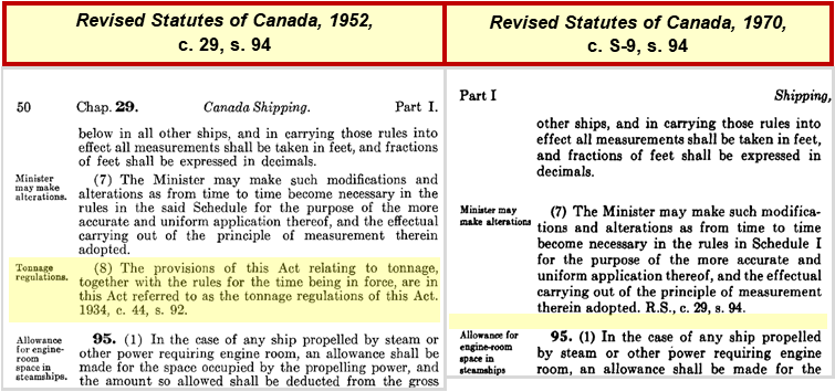 Side by side comparison of the Shipping Act section 94. The left image highlights section 94(8) in the Revised Statutes of Canada, 1952. The right image shows section 94(8) is missing from Revised Statutes of Canada, 1970.