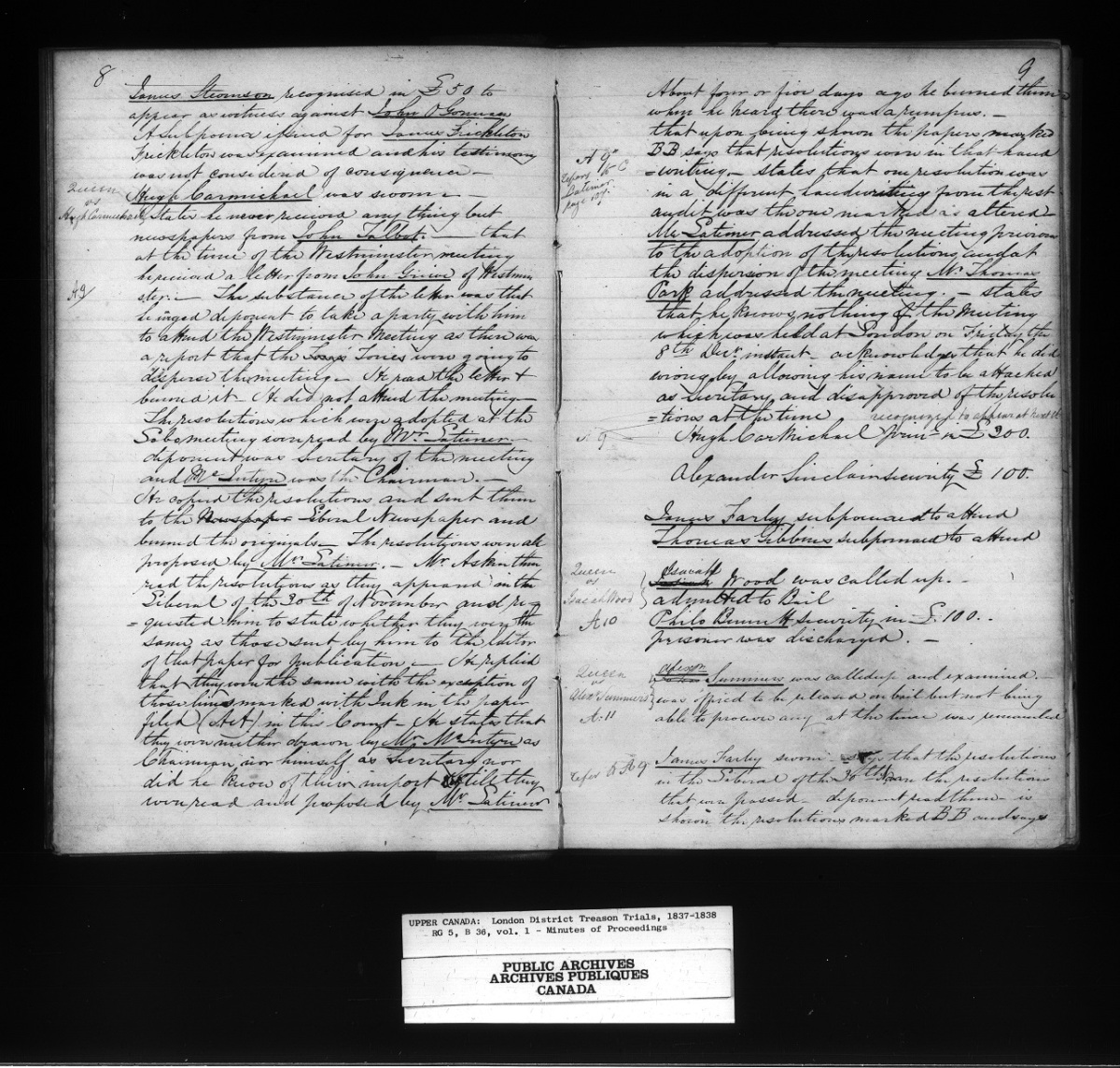 Page spread of nineteenth century written records about Upper Canada rebellion, downloaded from Canadiana website.